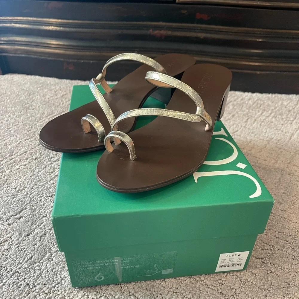 J. Crew Metallic and Brown Strappy Toe Ring Sandals, Stacked 2” Block Heel, 6